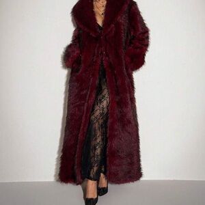 Elegant Burgundy Faux Fur Long Coat